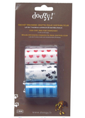 Lot de 3 rouleaux de 20 sachets ramasse-crottes Doogy pour distributeur avec motifs cœurs, pattes et rayures.
