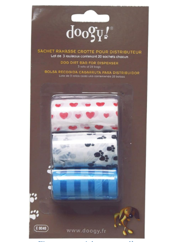 Lot de 3 rouleaux de 20 sachets ramasse-crottes Doogy pour distributeur avec motifs cœurs, pattes et rayures.